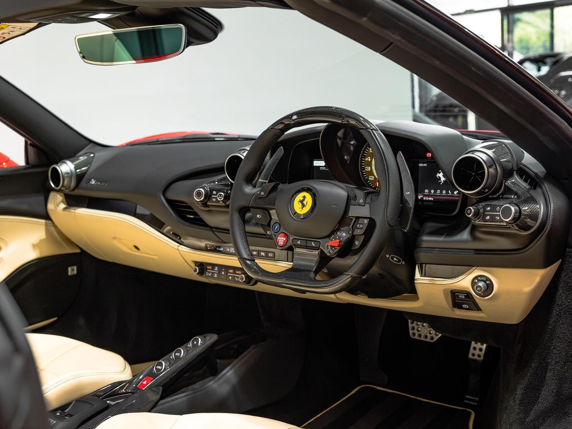 An interior shot of the interior front on a 2021 Ferrari F8 Spider