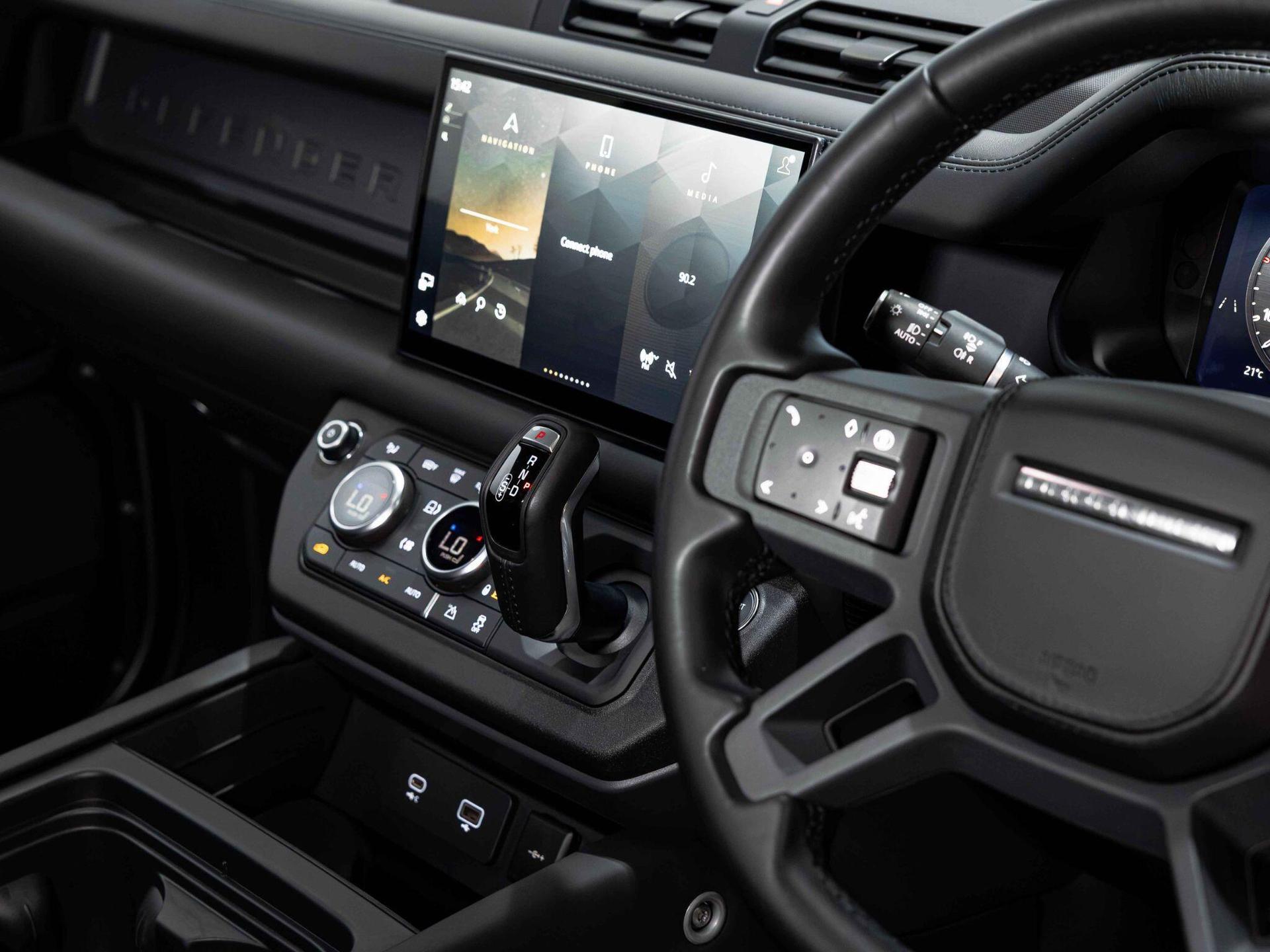 An interior shot of the infotainment system on a 2023 Land Rover Defender 110