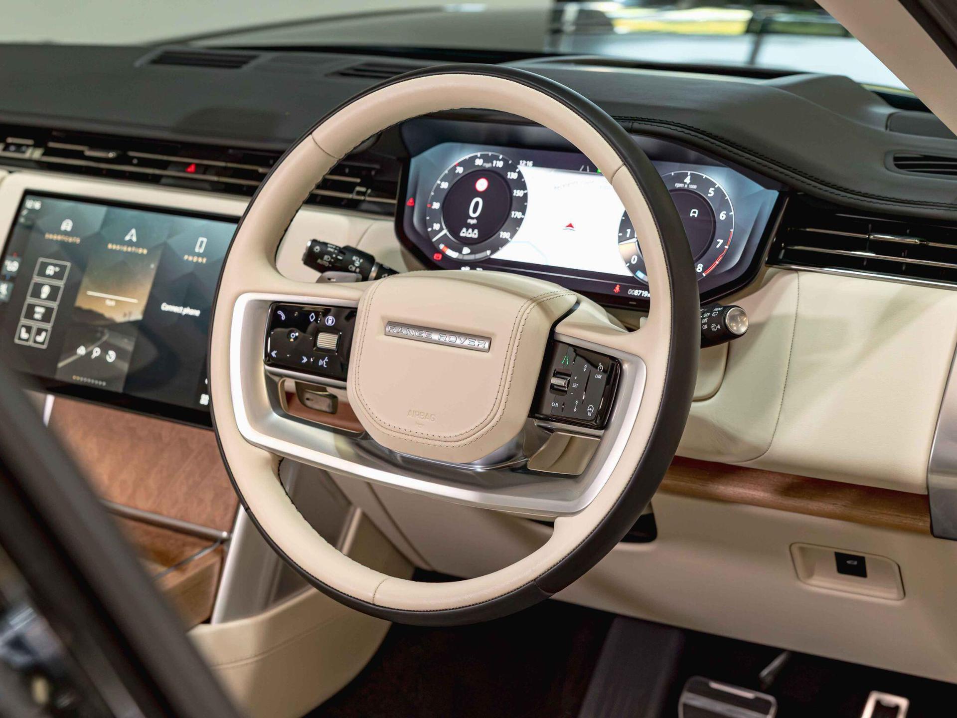 An interior shot of the steering wheel on a 2024 Land Rover Range Rover