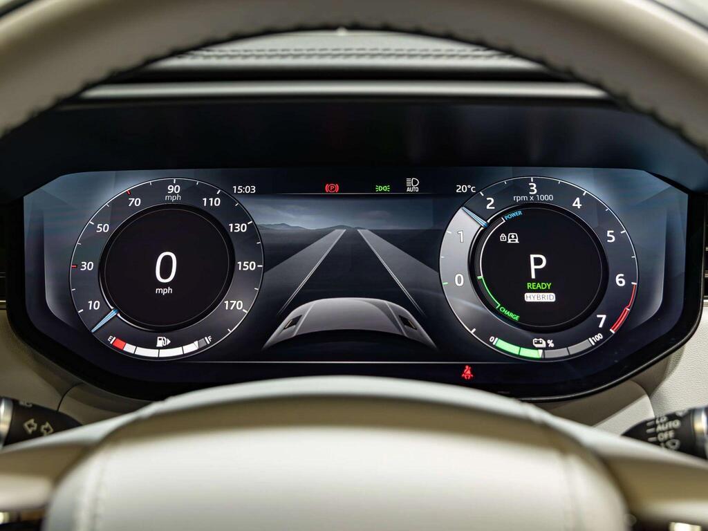An interior shot of the driver instruments on a 2023 Land Rover Range Rover Sport