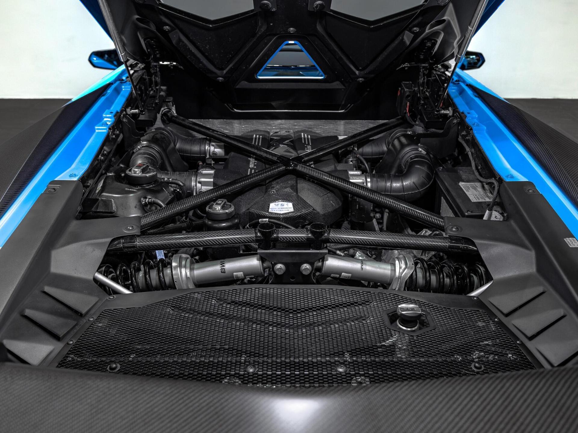 An exterior shot of the engine on a 2017 Lamborghini Aventador