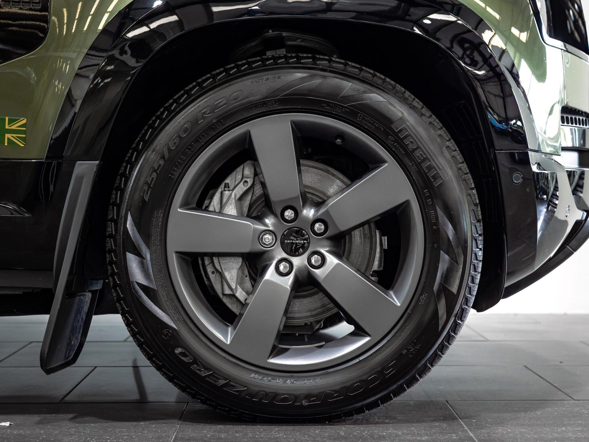 An exterior shot of the wheel on a 2026 Land Rover Defender 110