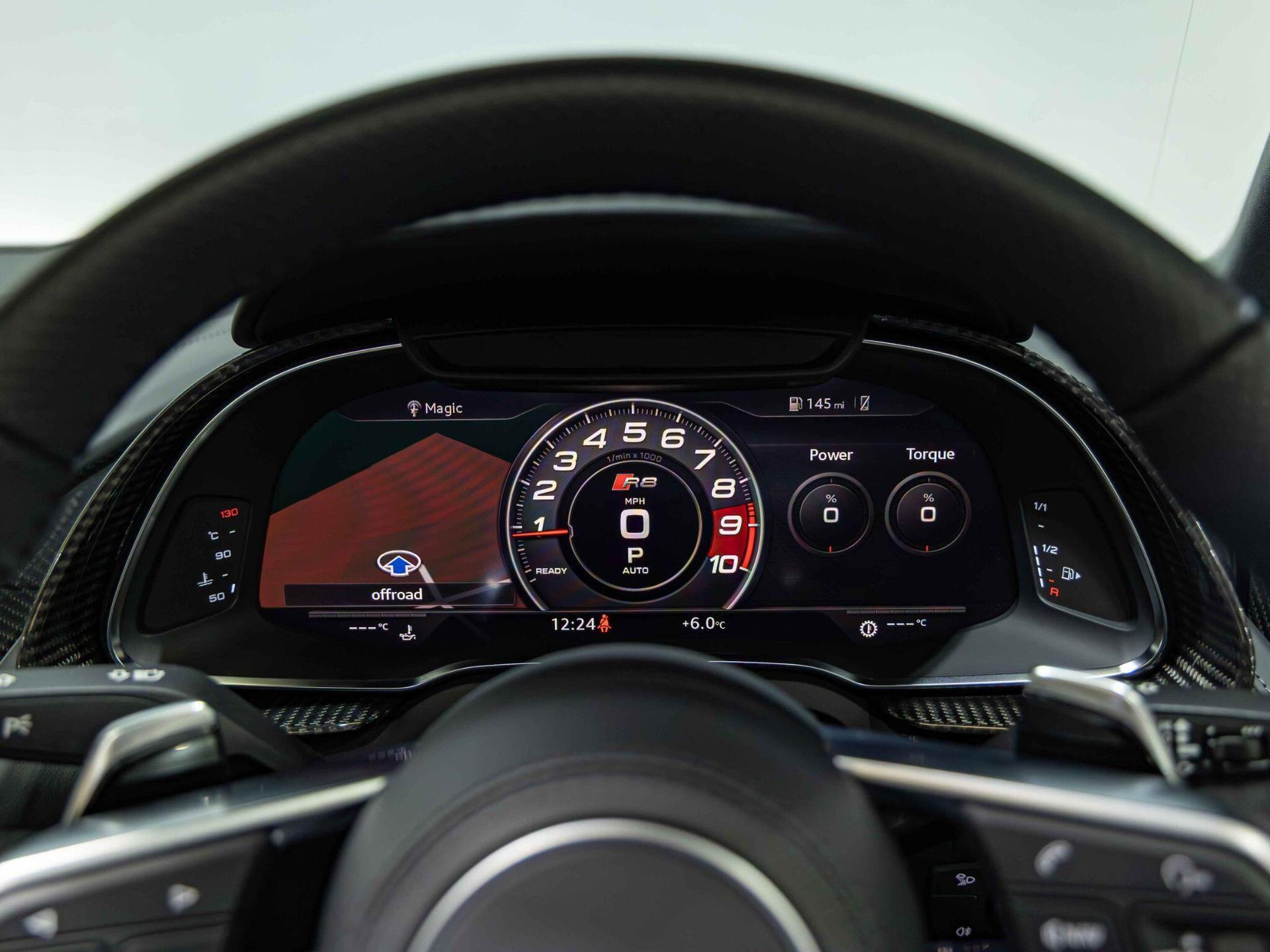 An interior shot of the driver instruments on a 2021 Audi R8