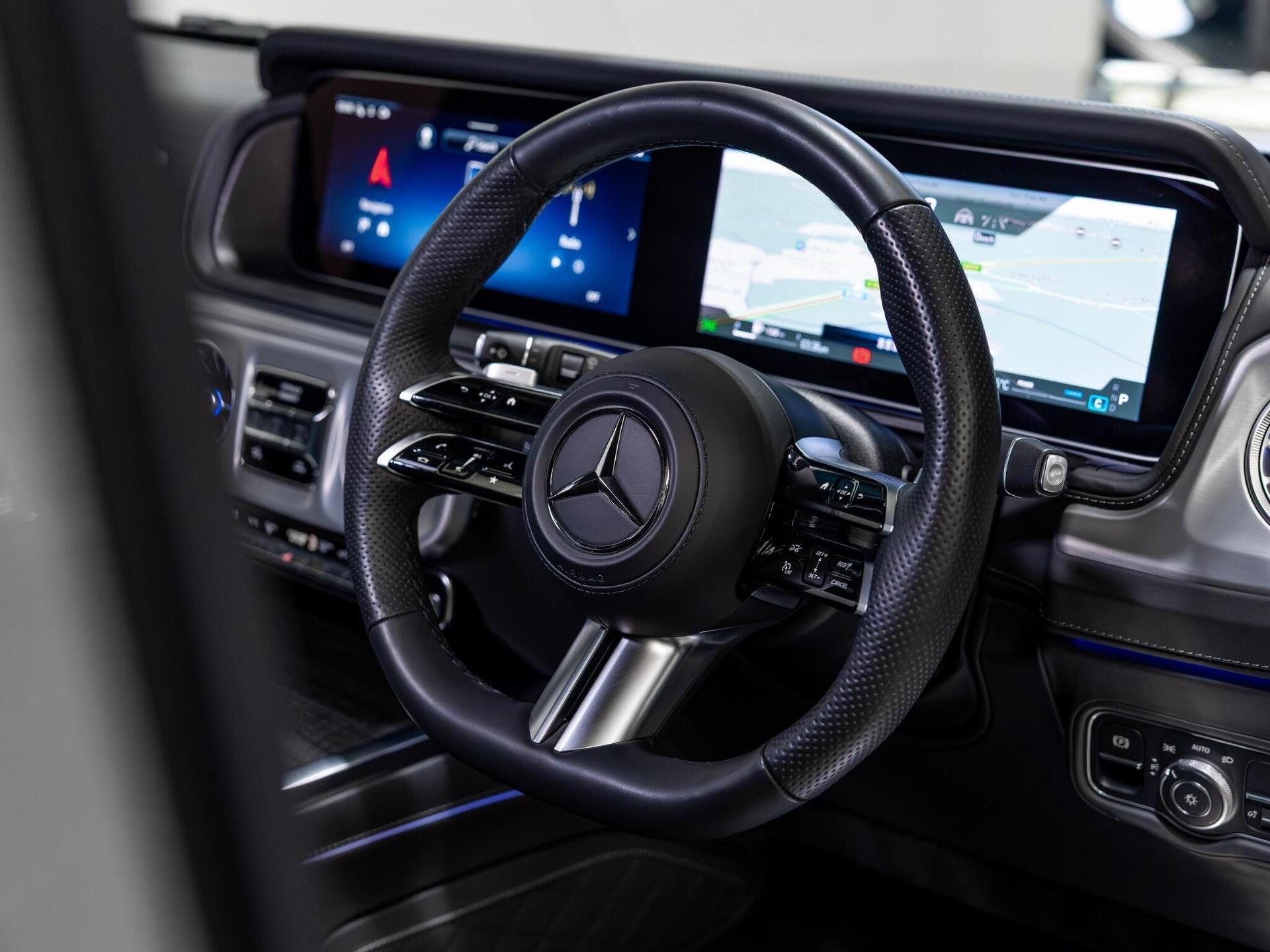 An interior shot of the steering wheel on a 2025 Mercedes-Benz G Class
