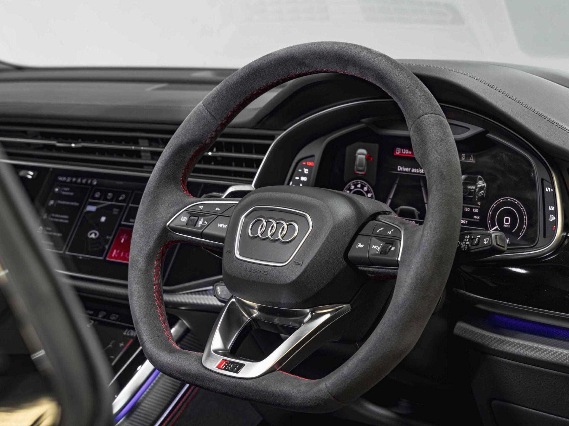 An interior shot of the steering wheel on a 2025 Audi RSQ8