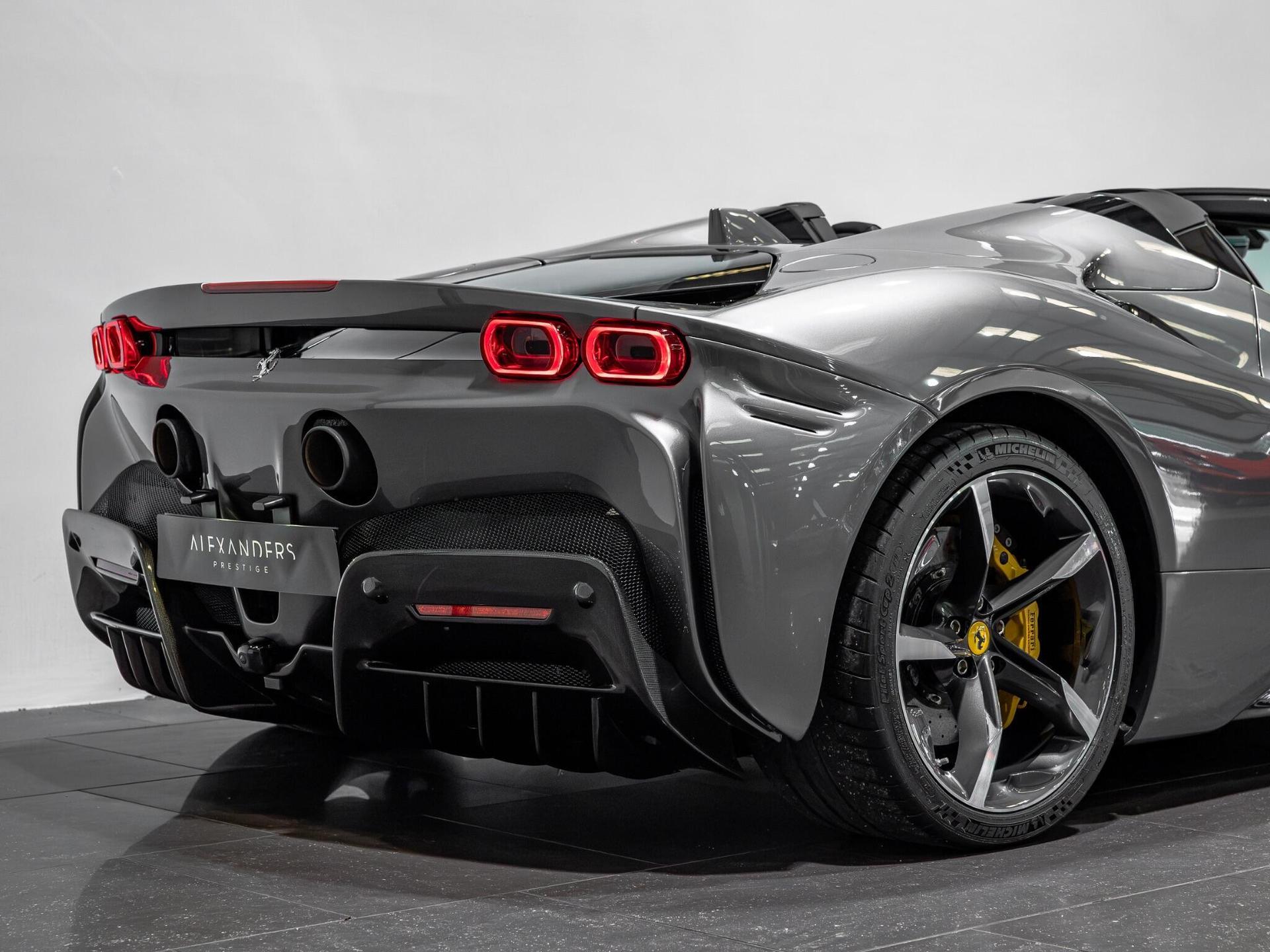 An exterior shot of the rear left on a 2023 Ferrari SF90 Spider