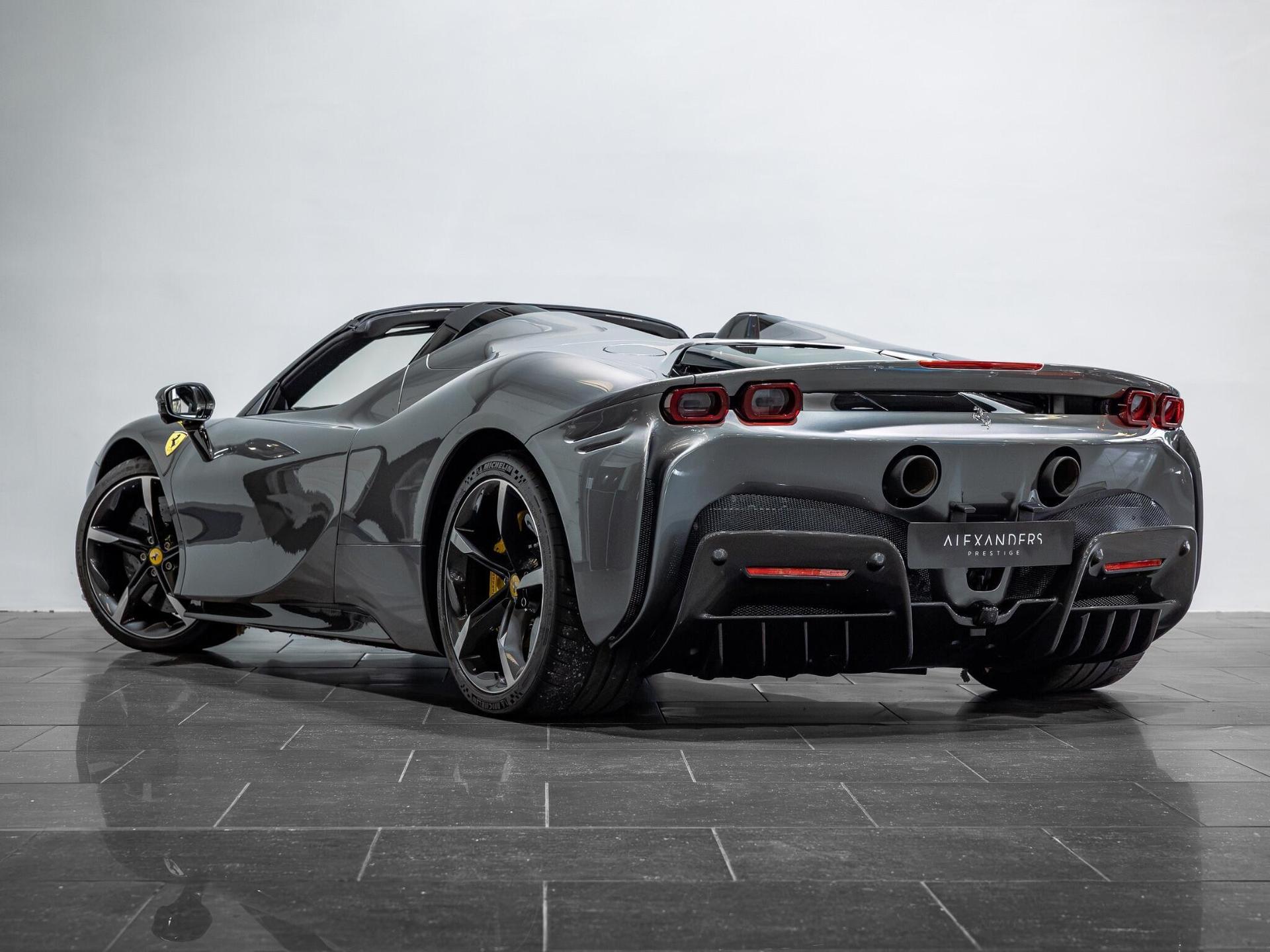 An exterior shot of the rear left on a 2023 Ferrari SF90 Spider
