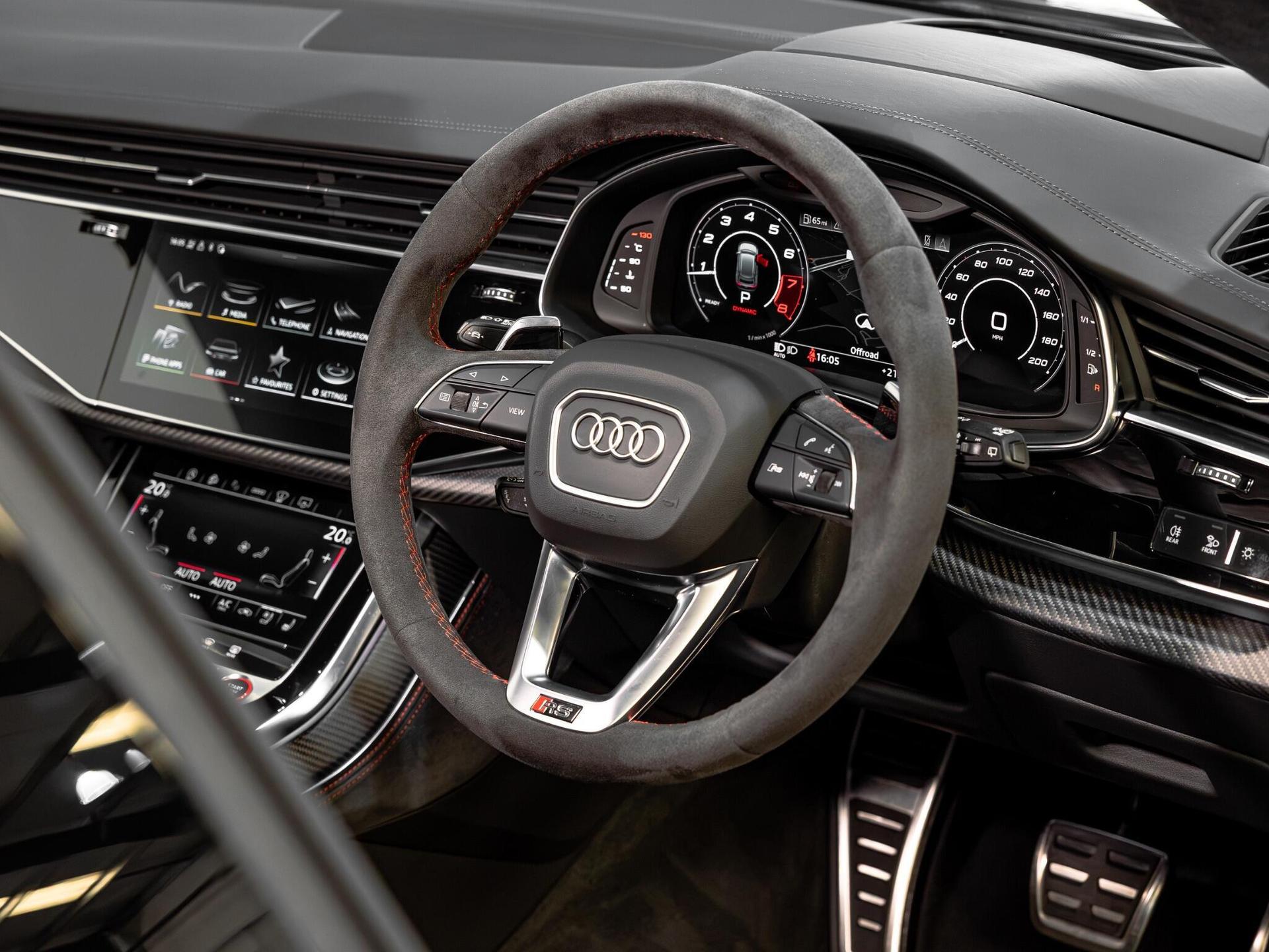 An interior shot of the steering wheel on a 2023 Audi RSQ8