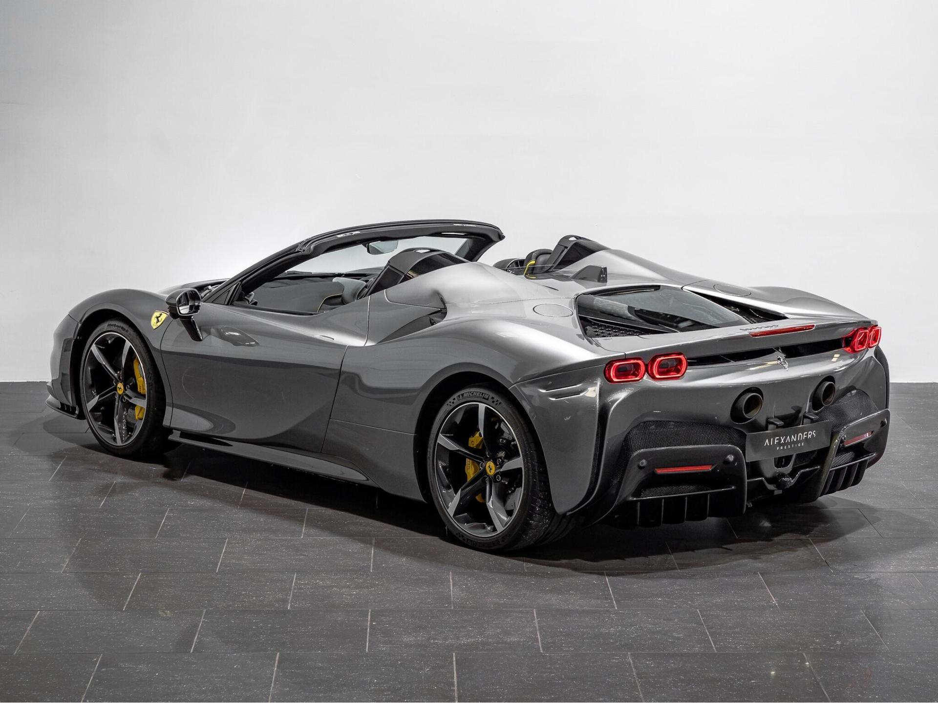 An exterior shot of the rear left on a 2023 Ferrari SF90 Spider