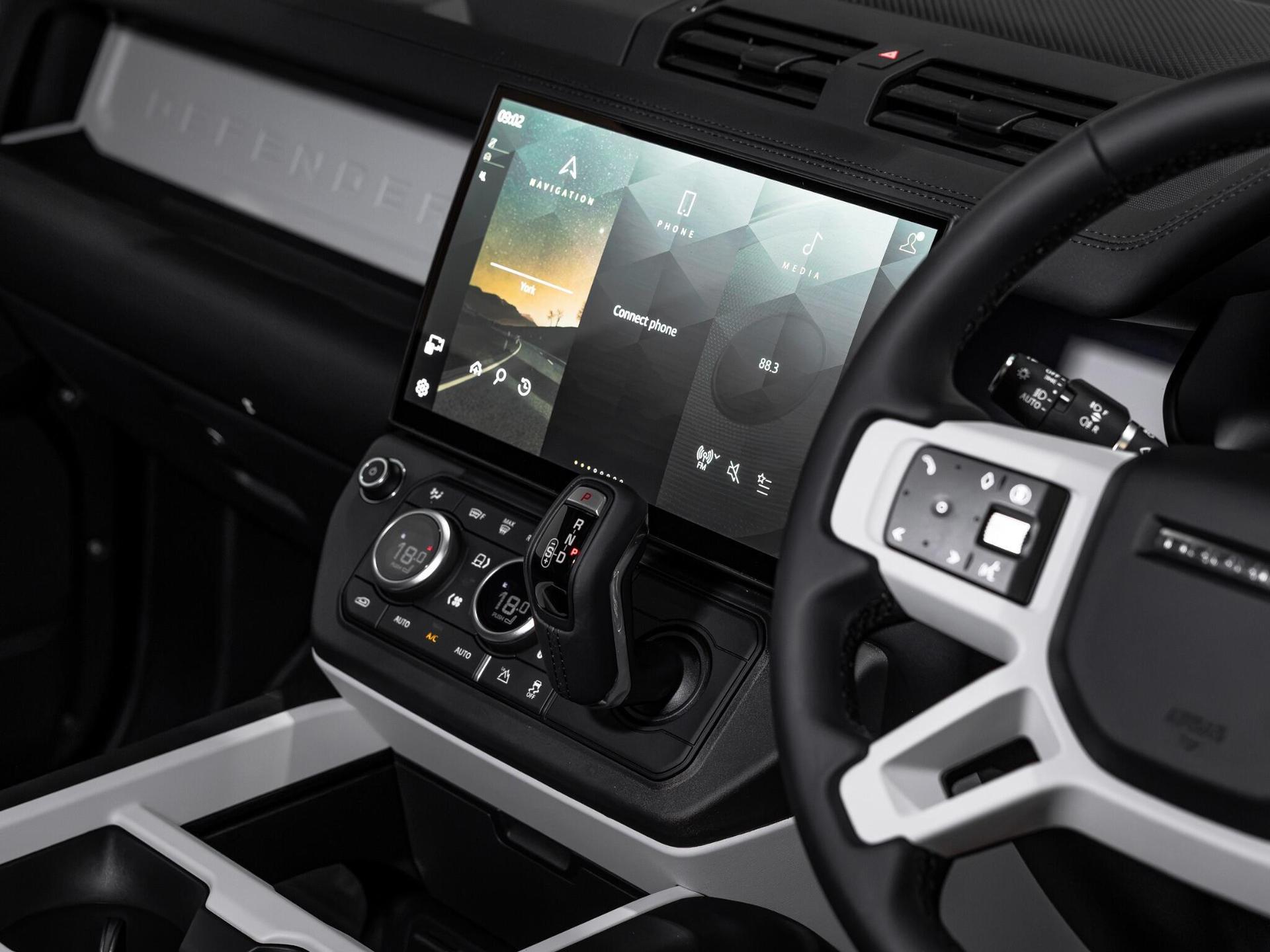 An interior shot of the infotainment system on a 2026 Land Rover Defender 90