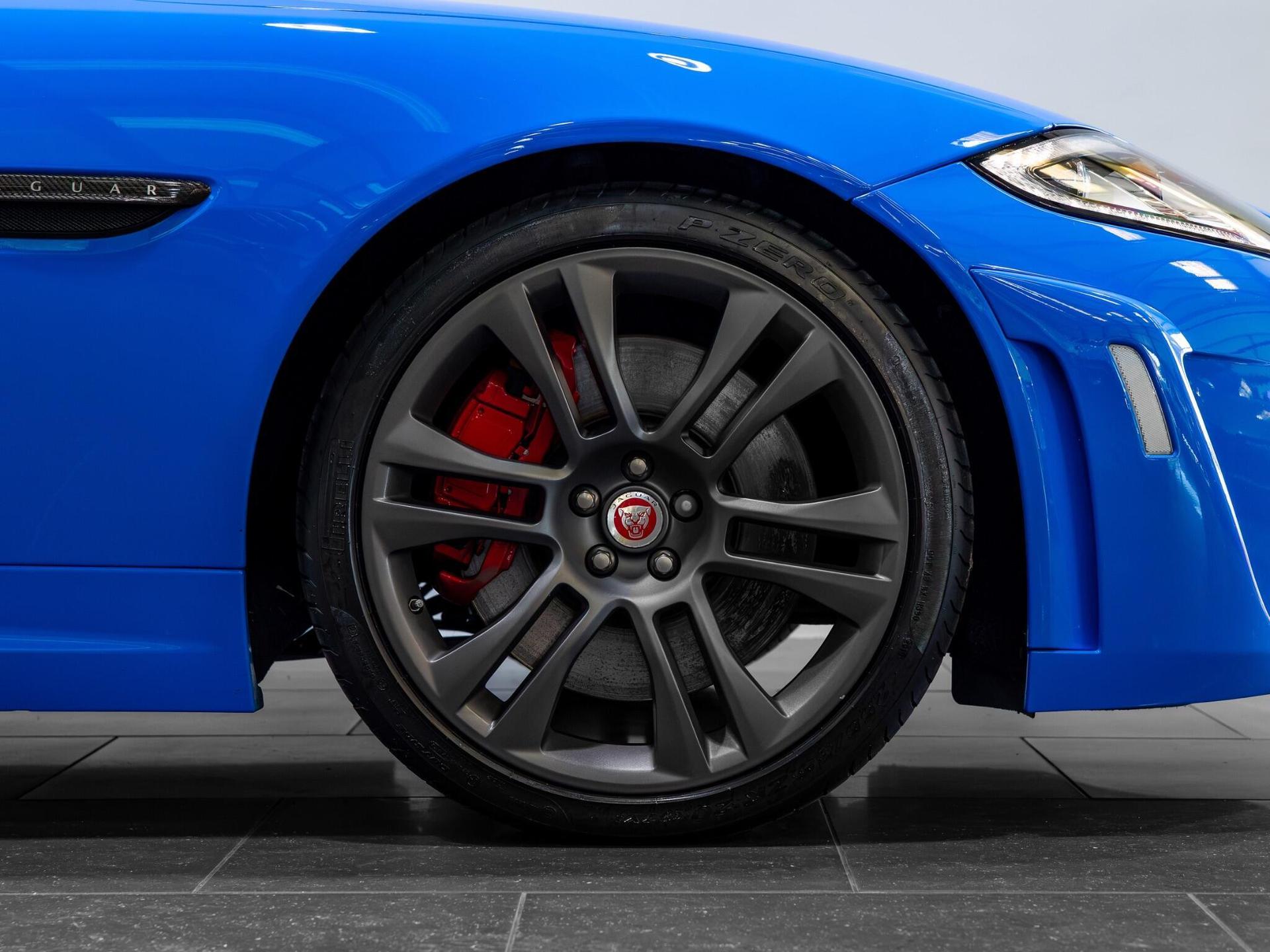 An exterior shot of the wheel on a 2014 Jaguar XKR-S