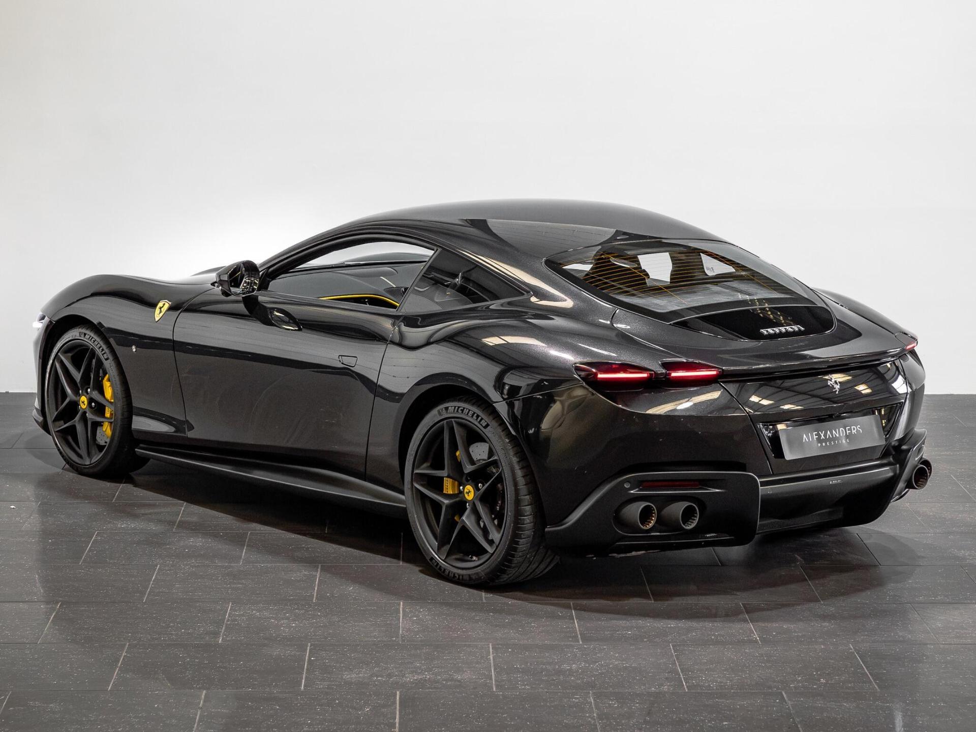 An exterior shot of the rear left on a 2021 Ferrari Roma