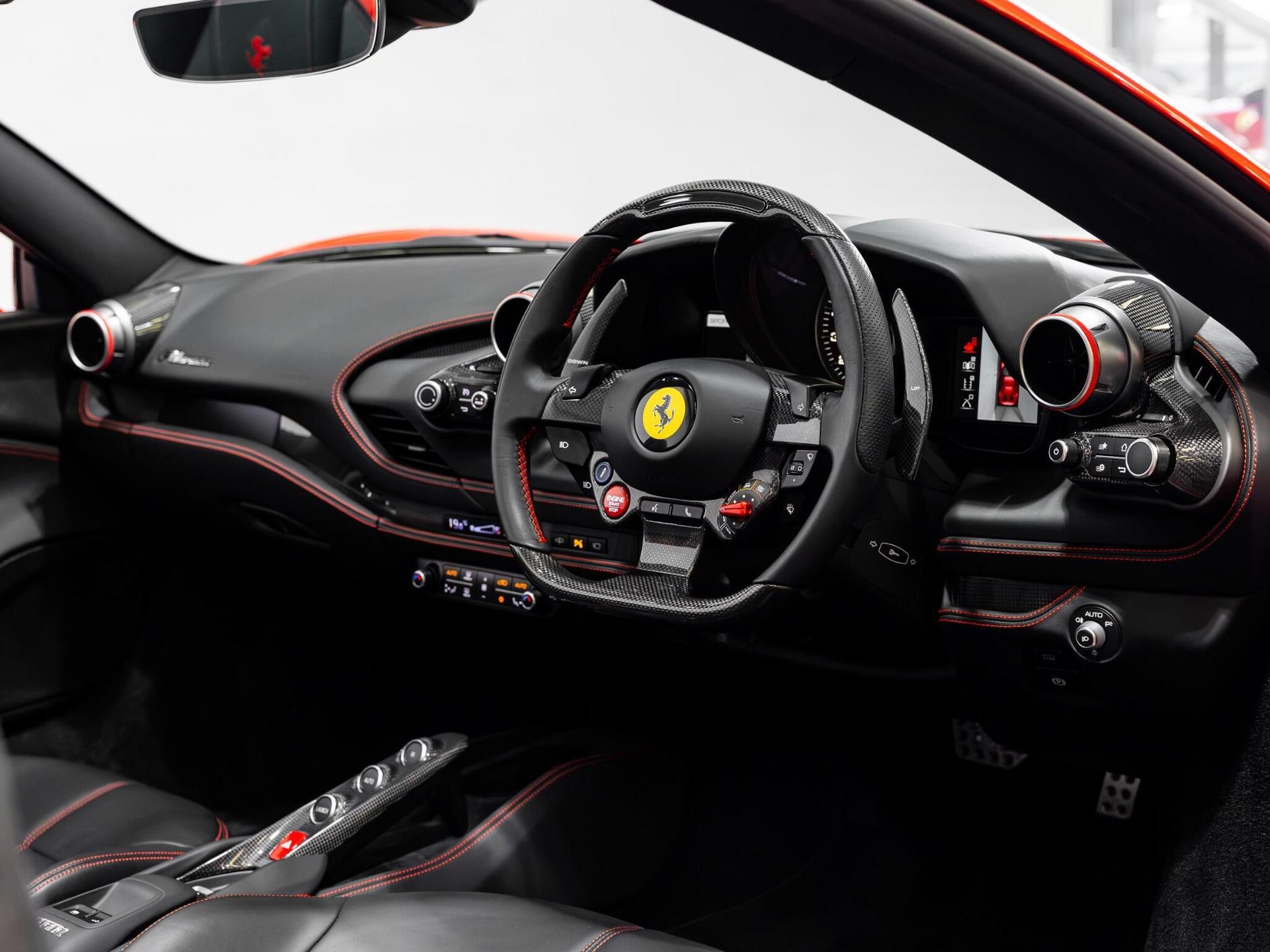 An interior shot of the interior front on a 2022 Ferrari F8 Spider