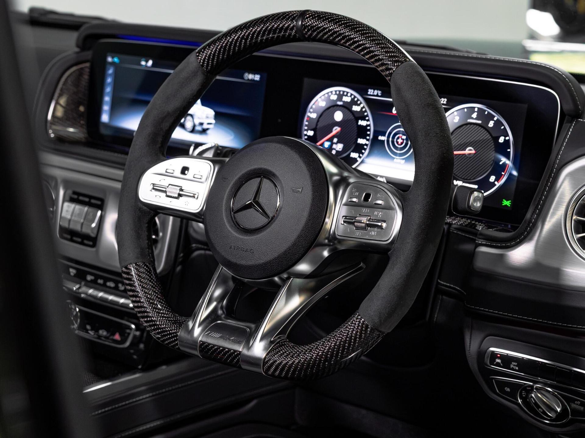 An interior shot of the steering wheel on a 2023 Mercedes-Benz G Class