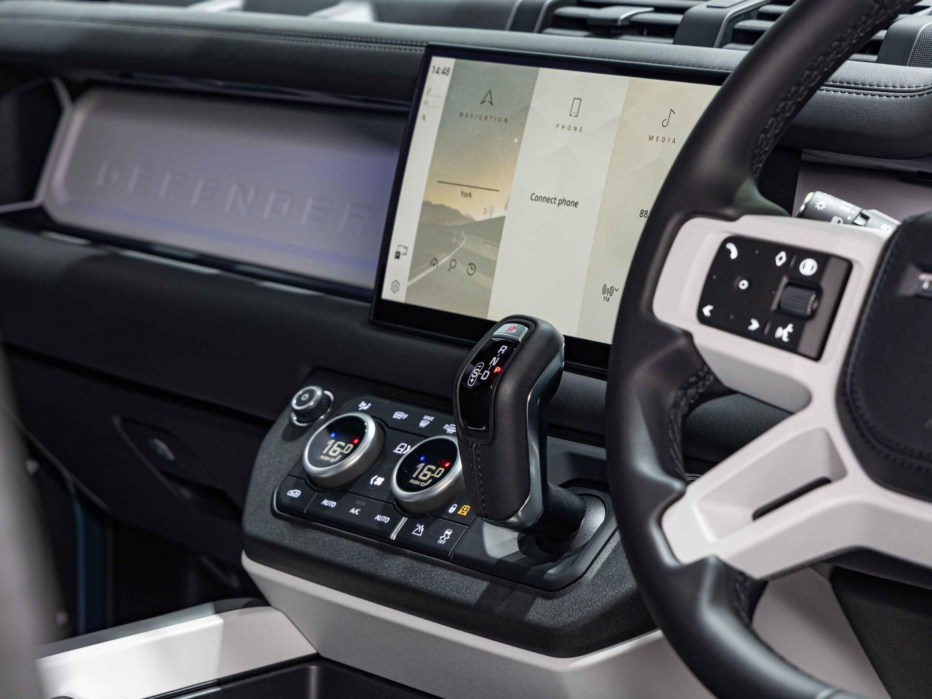 An interior shot of the infotainment system on a 2025 Land Rover Defender 90