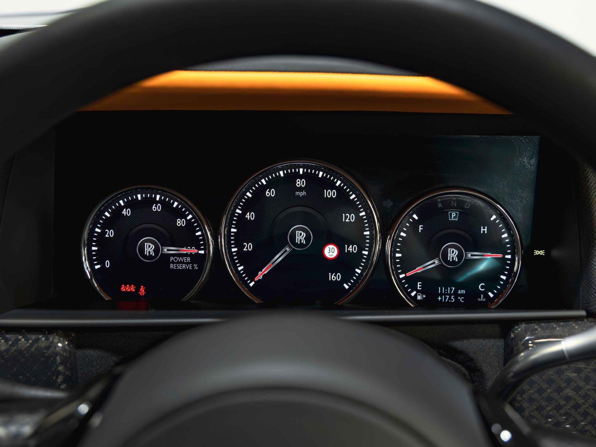 An interior shot of the driver instruments on a 2023 Rolls-Royce Cullinan